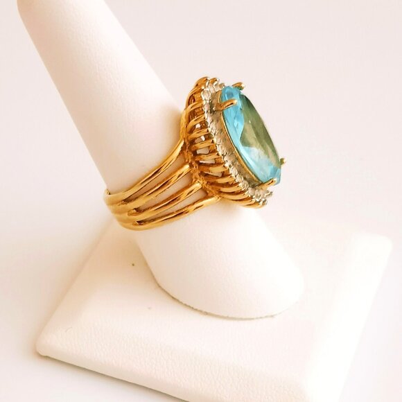 Gold Solitaire Oval Light Blue Ring 8.75 Clear Stone Baguettes Statement Jewelry - Picture 7 of 9